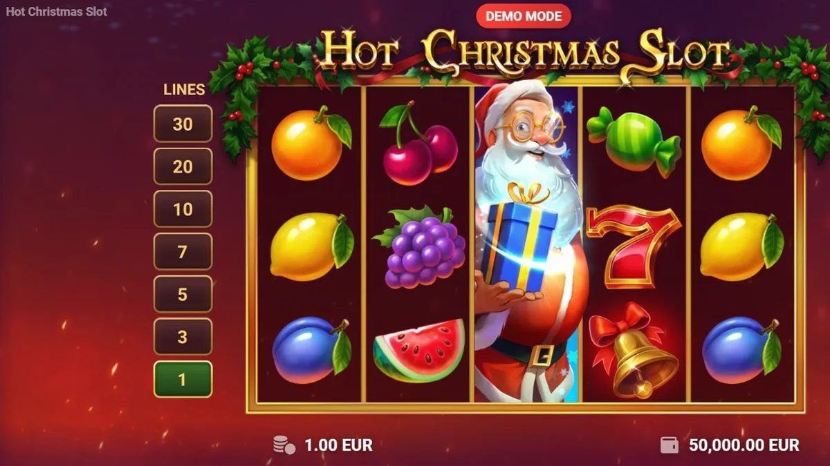 Tampilan visual mesin slot Hot Christmas dengan tema buah dan dekorasi Natal