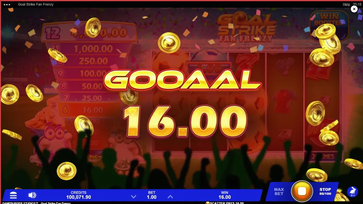 Tampilan antarmuka mobile slot Goal Strike Fan Frenzy dengan tema stadion sepak bola.