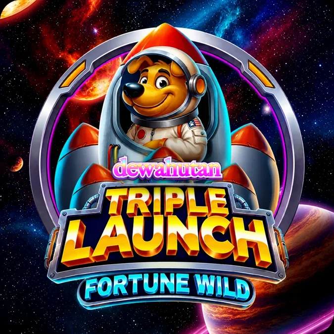 Tampilan layar permainan slot Triple Launch Fortune Wild dengan anjing astronot dan roket pengisi daya.